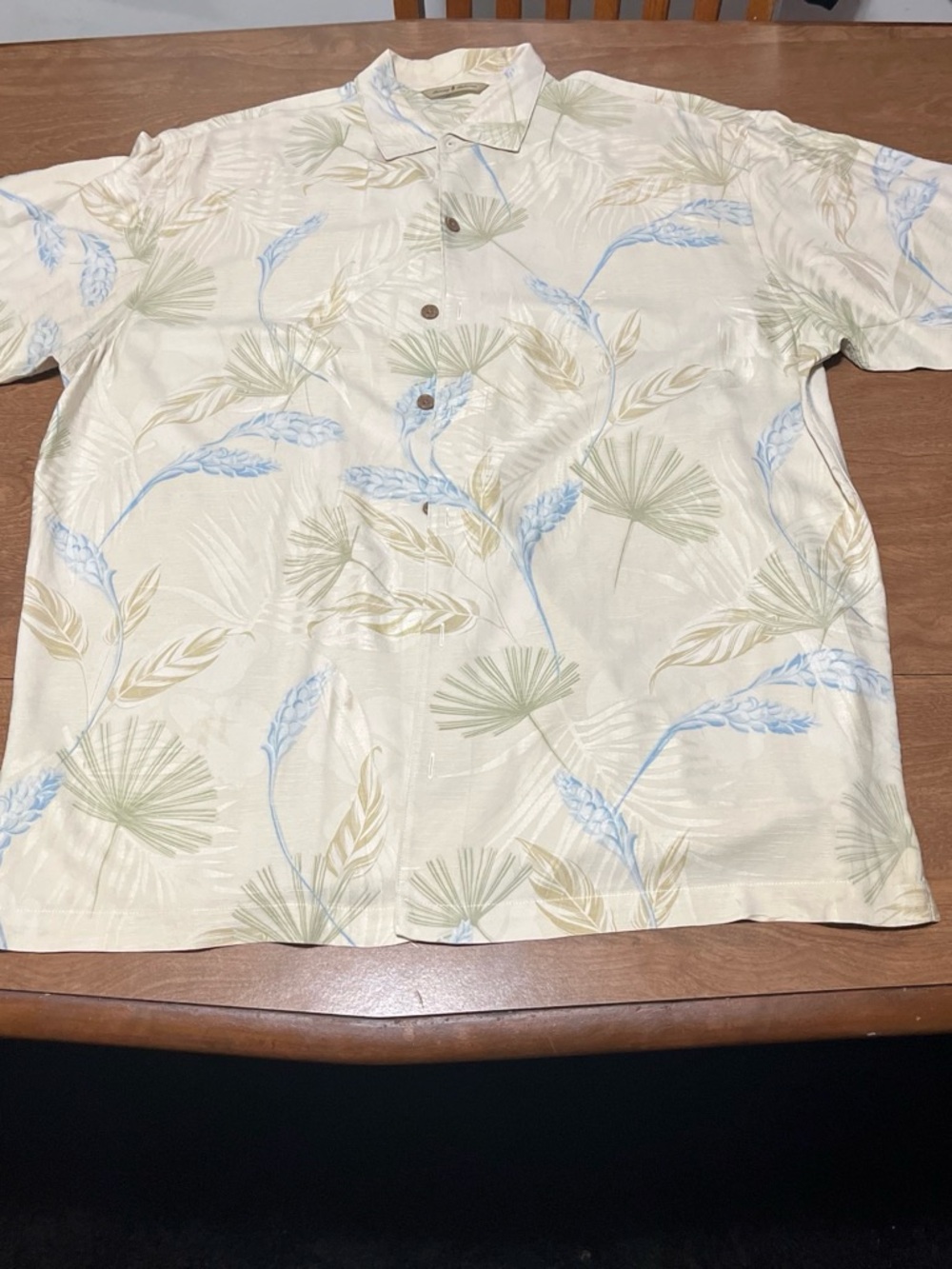 Tommy Bahama Cream Tropical Print Button-Down Shirt with Blue & Olive Accents